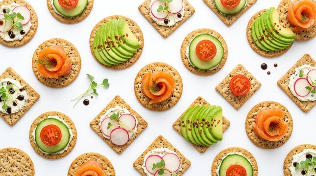 A top view of a white surface with assorted crackers and colorful toppings