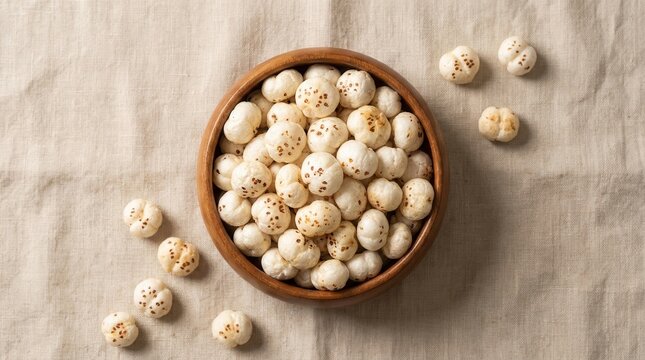 Fox nuts or healthy roasted phool makhana served in a wooden bowl on a textured background