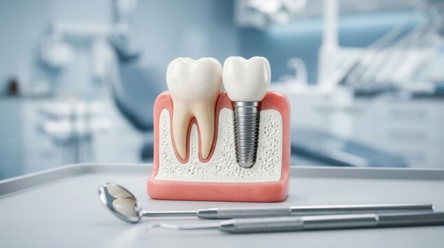 Dental mirror and explorer beside a natural tooth and dental implant model, illustrating restorative dentistry.