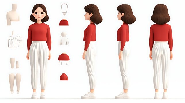 3D character design sheet of woman in casuals.