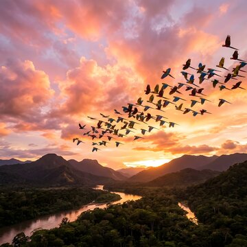Tropical macaw parrots flying over amazon rainforest at sunset. Colorful birds in flight above river and jungle mountains. Exotic wildlife landscape.