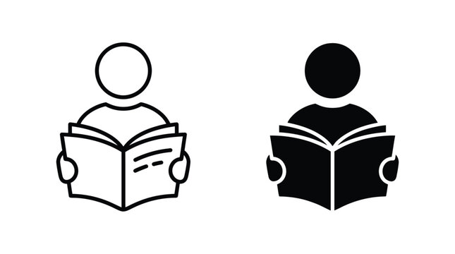 Minimalist vector icons of a person reading a book in black and white styles.