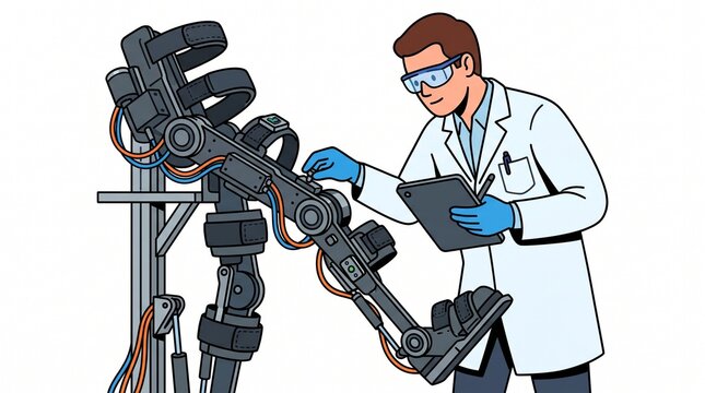 Military scientist inspecting robotic exoskeleton leg prototype