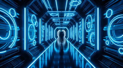 Naklejka premium Spaceship tunnel with circular blue light interfaces.