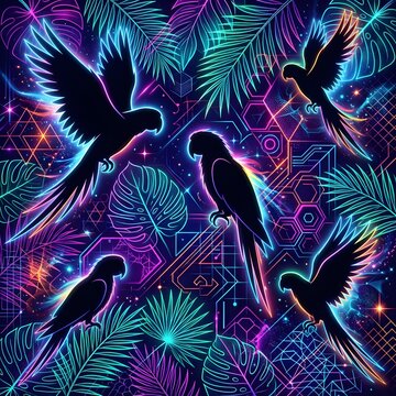 Neon parrot silhouettes in tropical jungle, glowing macaw birds with palm leaves, vibrant synthwave aesthetic digital art