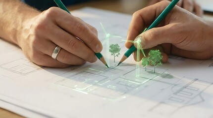 Naklejka premium Hands planning sustainable architecture with green energy icons