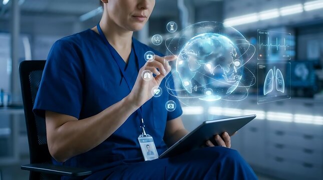 Healthcare professional interacting with digital medical interface