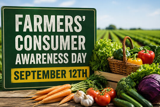 Farmers Consumer Awareness Day September 12th Sign with Fresh Vegetables and Field