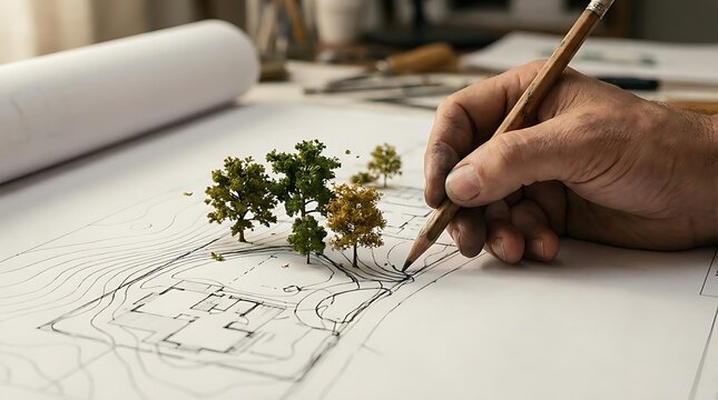 Architect hand drawing on site plan with model trees