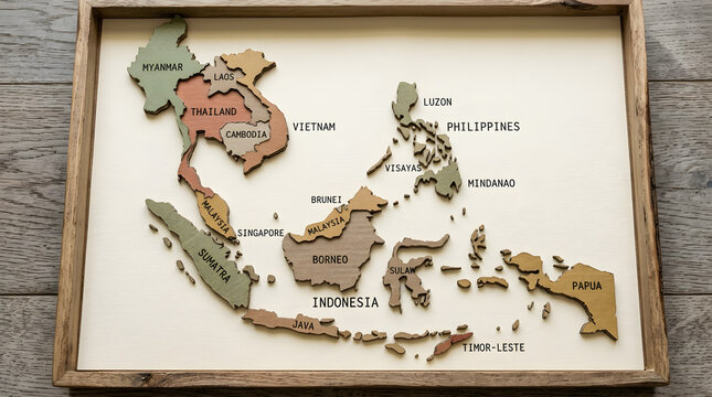 Handcrafted Wooden Map of Southeast Asia in Rustic Frame