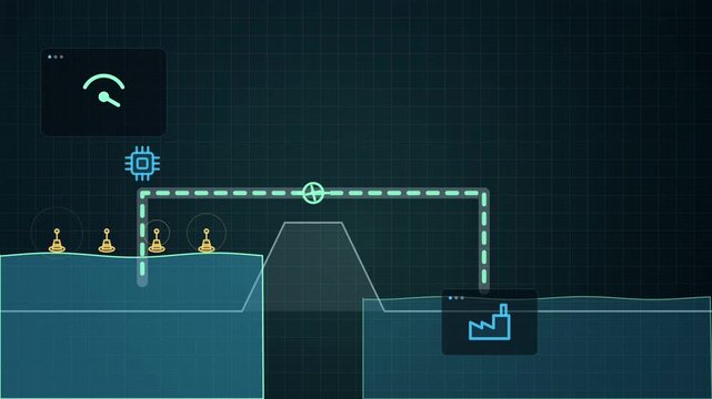 Abstract animated levees and pumps holding back rising water drawn as cyan and teal lines and shapes on a deep dark background. Seamless looping 4K motion graphics video with free space for text, idea