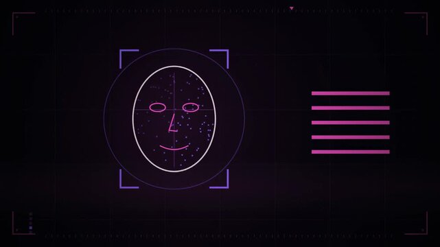 Abstract animated detection frame locking onto a face drawn as cool blue-white lines and shapes on a deep dark background. Seamless looping 4K motion graphics video with free space for text, ideal for