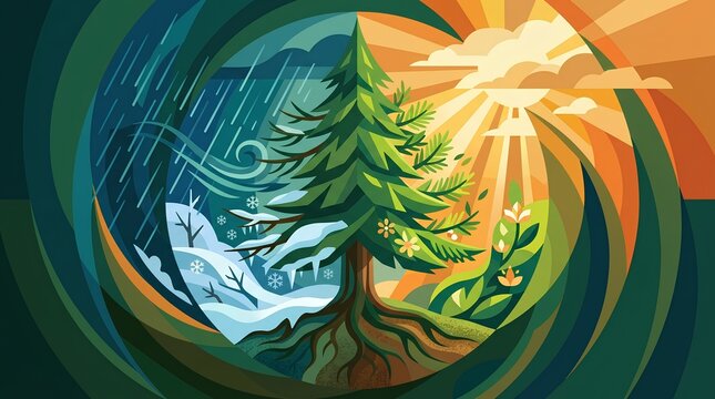 Stylized illustration of a pine tree representing changing seasons from winter storm to sunny spring