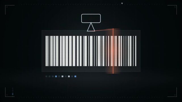 Abstract animated scan line reading a barcode drawn as coral and magenta lines and shapes on a deep dark background. Seamless looping 4K motion graphics video with free space for text, ideal for title
