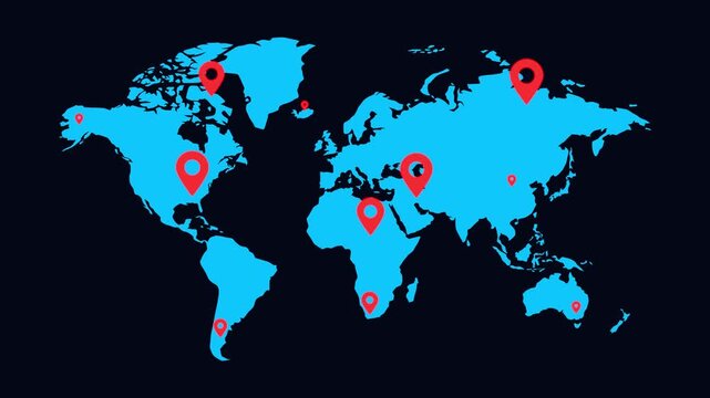 Global world map with red location pins for GPS navigation, geolocation, travel destinations, worldwide tracking and digital map motion graphics animation