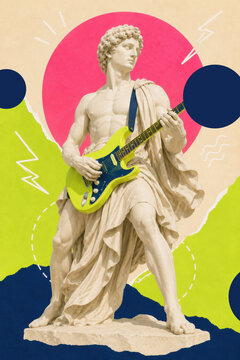 Rock stardom and creative energy shown as a classical marble statue playing a neon electric guitar on a bright pink backdrop