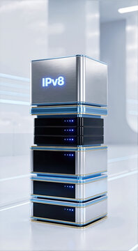 Vertical shot of futuristic server stack with glowing blue IPv8 text. Brushed metallic and black database tower on white floor
