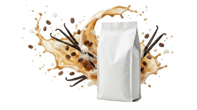 Blank coffee bag with vanilla and coffee splash isolated on transparent background