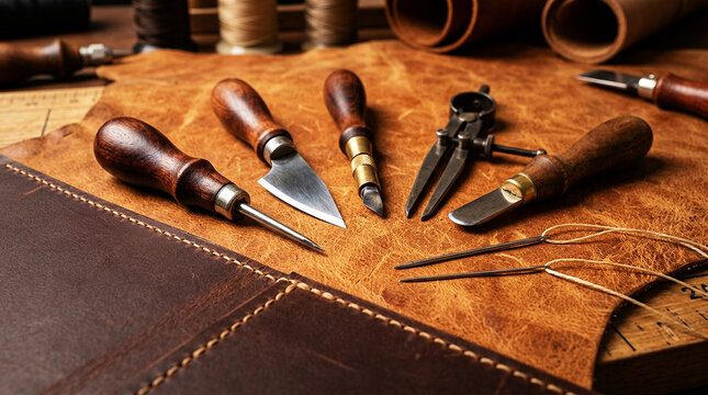 Professional Leather Crafting Tools on Genuine Brown Leather Background in Workshop