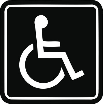 A standard international accessibility sign featuring a person in a wheelchair displayed as a high contrast white silhouette