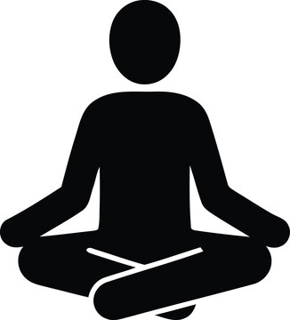 A minimalist black graphic icon showing a person sitting in a lotus meditation pose as a simple silhouette