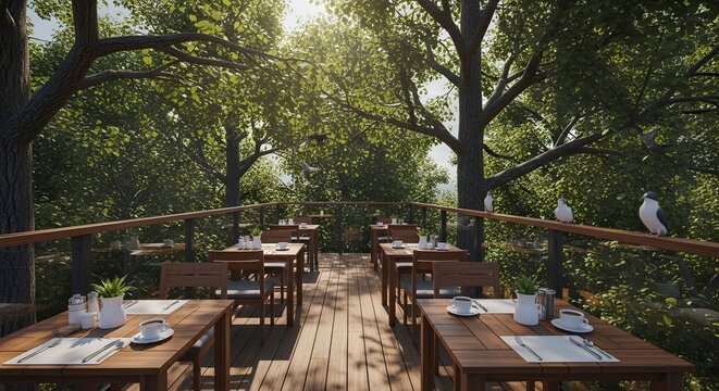 Empty outdoor restaurant terrace tables set for lunch in a beautiful sunny green forest garden