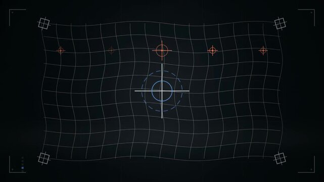 Abstract animated crosshairs aligning on a calibration grid drawn as cool blue-white lines and shapes on a deep dark background. Seamless looping 4K motion graphics video with free space for text, ide