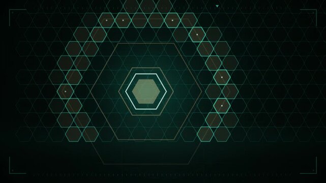 Abstract animated hexagon grid pulsing with energy drawn as green and teal lines and shapes on a deep dark background. Seamless looping 4K motion graphics video with free space for text, ideal for tit