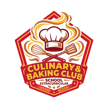 Culinary and baking club school extracurricular vector logo badge design with chef hat and kitchen tools.