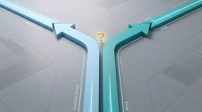 Two arrows converging with question mark on futuristic map