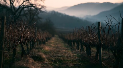 Obraz premium Rows of dormant grapevines stretch into the distance under a hazy golden sky with rolling hills in the background