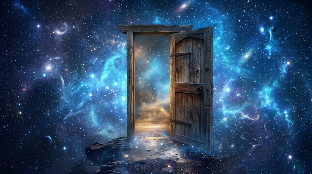 Open wooden door leading into a cosmic nebula galaxy.
