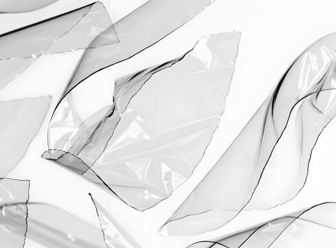 Transparent plastic film fragments floating isolated on white background. Abstract packaging texture and material concept. Crumpled clear cellophane scraps arranged in light