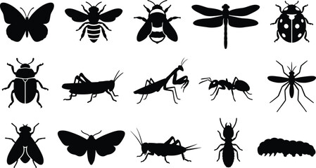 Fototapeta premium Diverse collection of black insect silhouettes including butterflies, bees, beetles, and ants isolated on a white background, for nature