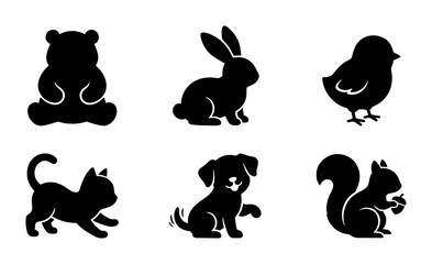 Obraz premium 70 Adorable Animal Silhouettes: Cute Teddy Bear, Bunny, Chick, Cat, Dog, Squirrel Icons for Children's Designs, Pet Branding, Wildlife Graphics 100