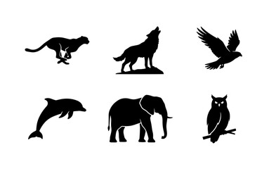 Obraz premium 70 Diverse Wildlife Silhouettes: Cheetah, Wolf, Eagle, Dolphin, Elephant, Owl Vector Icons for Nature and Animal Themes 100