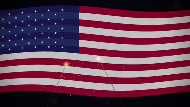 Waving american flag animation with bright burning sparklers video clip