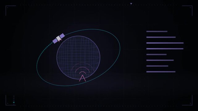 Abstract animated satellite tracked along its orbit drawn as blue and cyan lines and shapes on a deep dark background. Seamless looping 4K motion graphics video with free space for text, ideal for tit