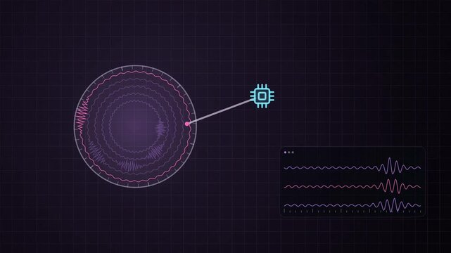 Abstract animated seismograph drum tracing ground motion drawn as violet and blue lines and shapes on a deep dark background. Seamless looping 4K motion graphics video with free space for text, ideal 