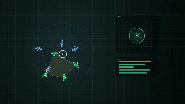 Abstract animated satellite geometry plotted for positioning accuracy drawn as green and teal lines and shapes on a deep dark background. Seamless looping 4K motion graphics video with free space for 