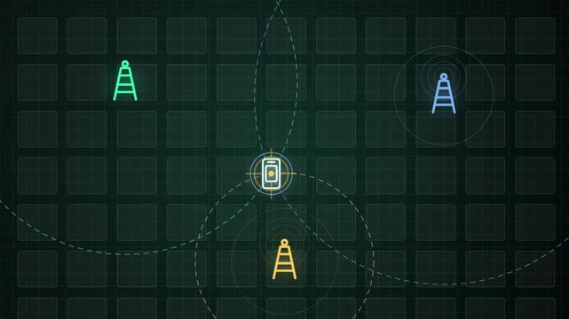 Abstract animated position narrowed down by tower trilateration drawn as green and teal lines and shapes on a deep dark background. Seamless looping 4K motion graphics video with free space for text, 