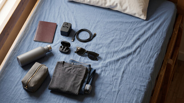 Travel essentials and personal accessories organized on a hostel bed for vacation planning.