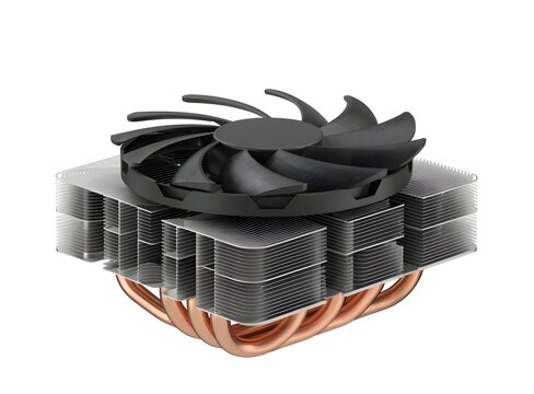 CPU cooler heat sink with cooling fan and copper heat pipes isolated on white background. PC thermal management and processor cooling concept. Computer hardware component in studio.
