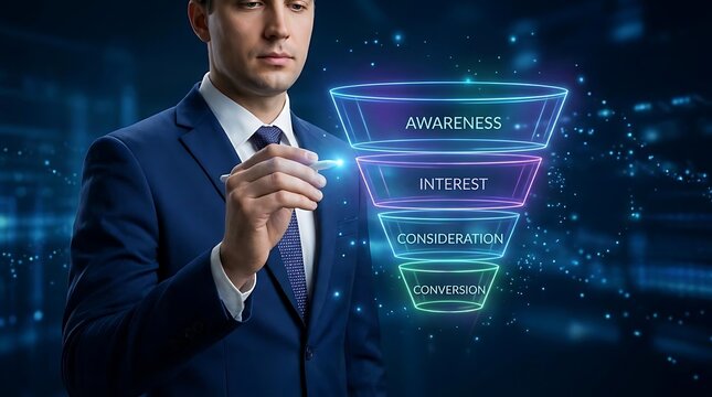 Businessman interacting with digital sales funnel