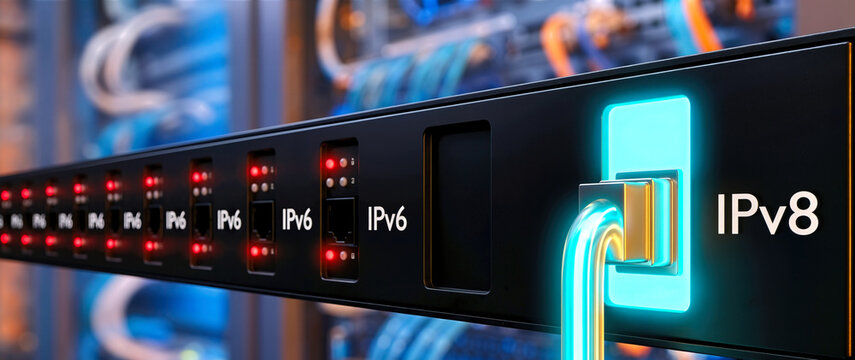 Network switch panel with glowing cyan IPv8 port and red IPv6 ports. Next generation internet protocol concept