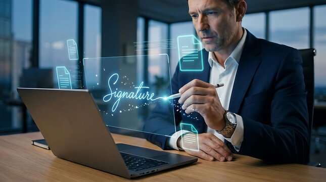 Businessman signing digital document on holographic screen