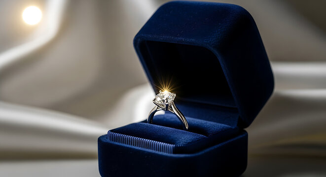 Diamond ring in velvet blue jewelry box
