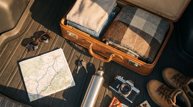 Overhead flat lay of road trip essentials including suitcase sunglasses paper map and car keys on trunk surface