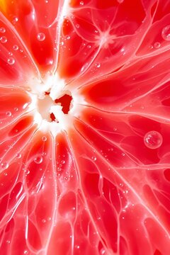 Extreme macro photograph of fresh pink grapefruit pulp with juice droplets