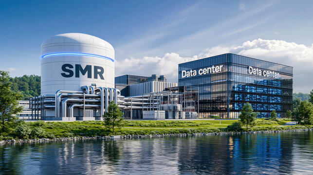 SMR storage silo near modern data center with reflective water foreground, industrial pipes and green landscape conveying futuristic energy